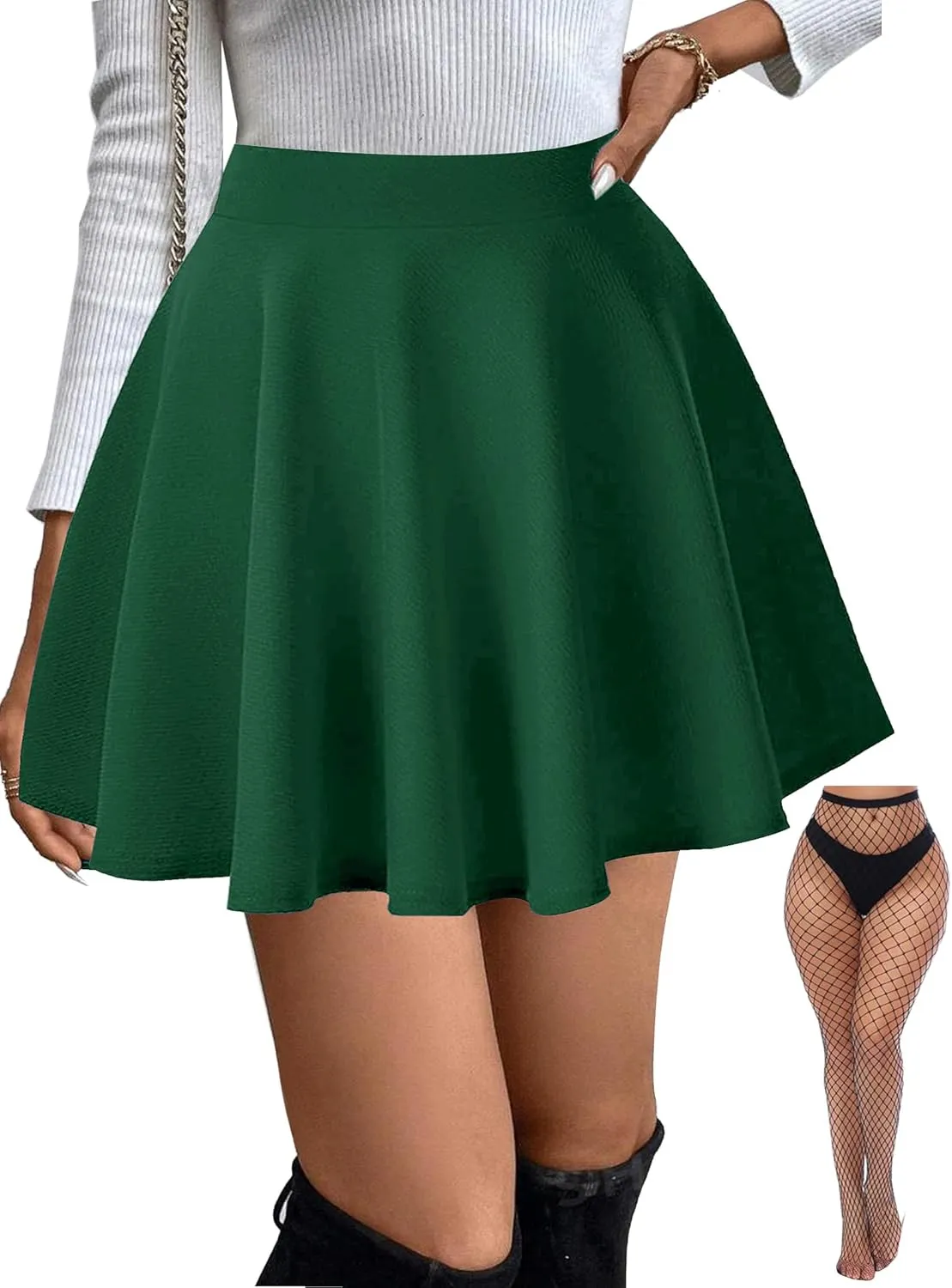 Women's Basic Stretchy Flared Mini Skater Skirt Versatile A-Line Casual Skirt with Fishnet Stockings S-XXL