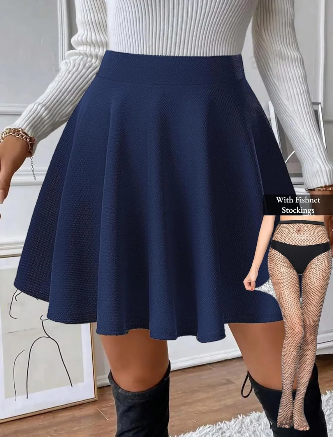 Women's Basic Stretchy Flared Mini Skater Skirt Versatile A-Line Casual Skirt with Fishnet Stockings S-XXL