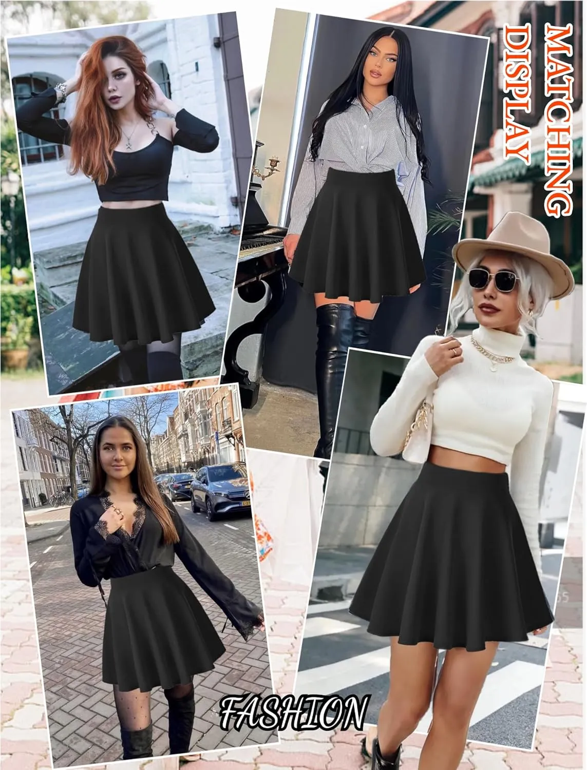 Women's Basic Stretchy Flared Mini Skater Skirt Versatile A-Line Casual Skirt with Fishnet Stockings S-XXL