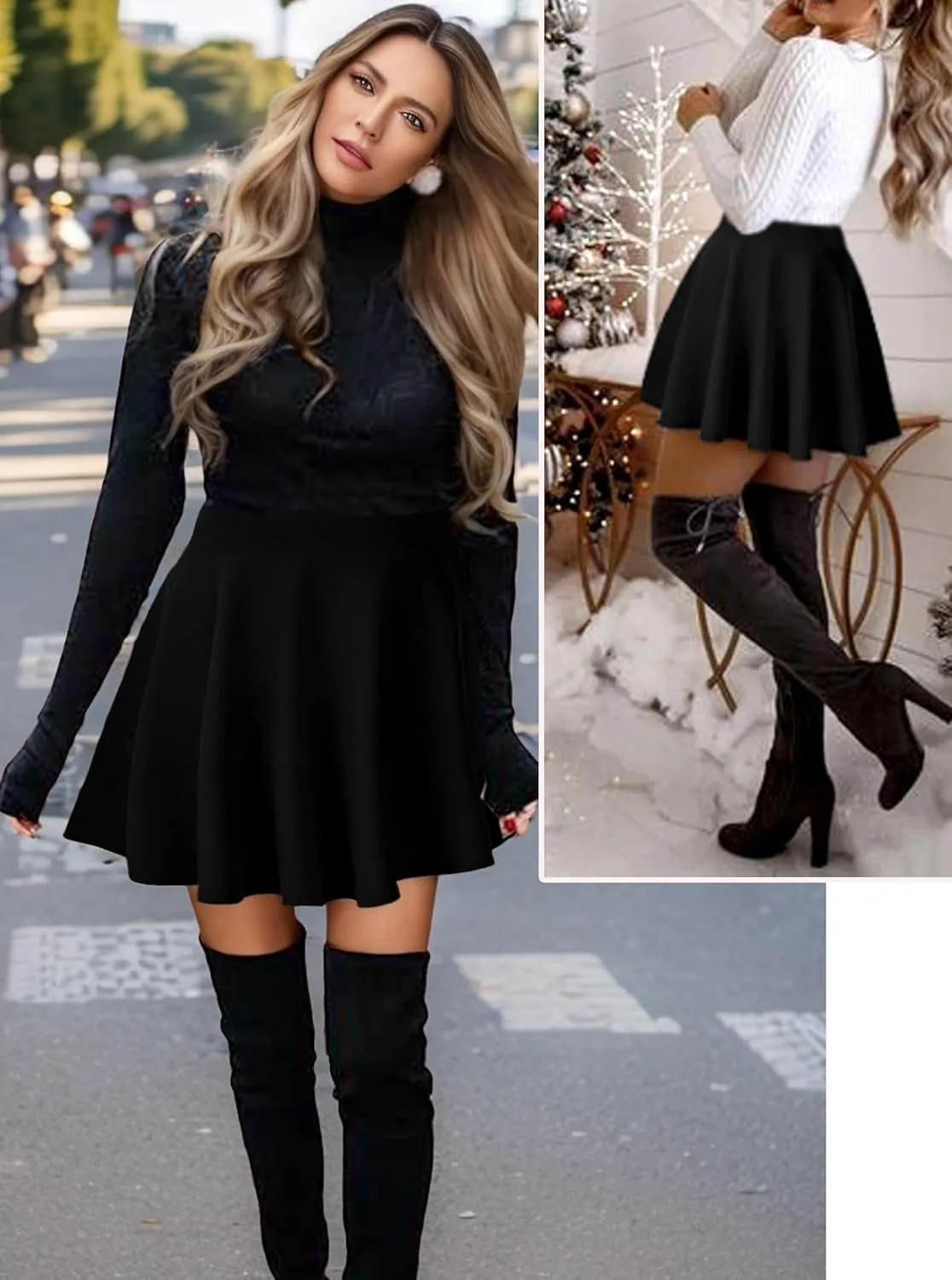 Women's Basic Stretchy Flared Mini Skater Skirt Versatile A-Line Casual Skirt with Fishnet Stockings S-XXL