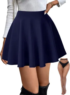 Women's Basic Stretchy Flared Mini Skater Skirt Versatile A-Line Casual Skirt with Fishnet Stockings S-XXL