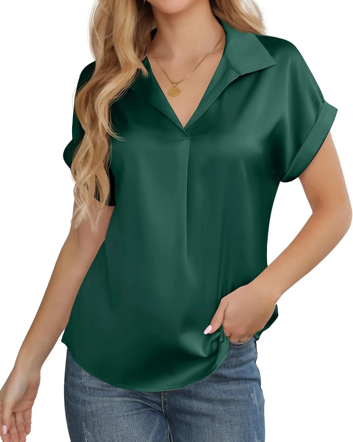 Women's Business Casual Tops Summer Elegant Satin Silk Short Sleeve Shirts V Neck Chiffon Work Business Blouses
