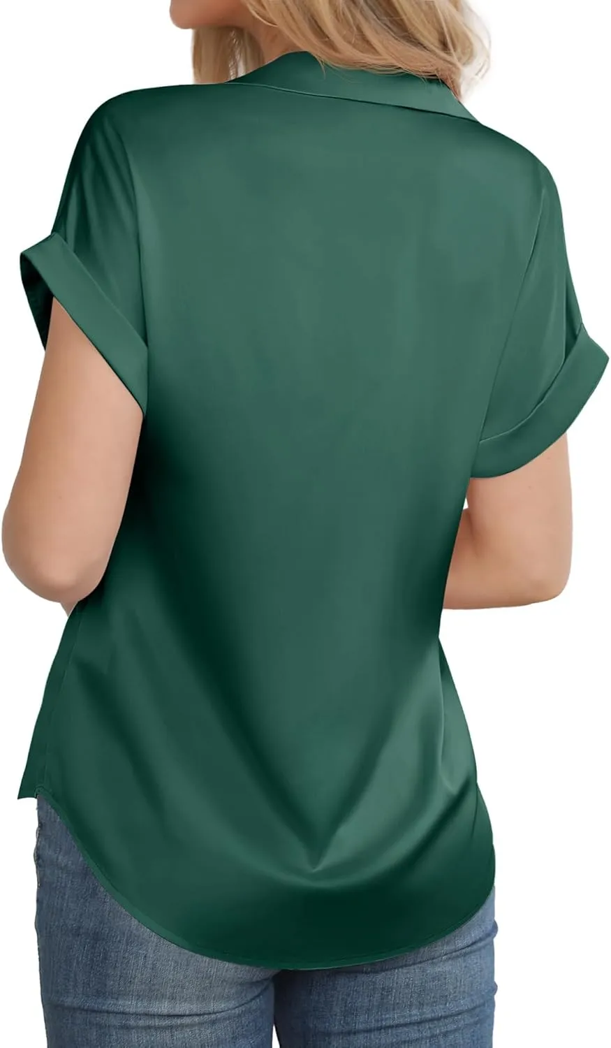 Women's Business Casual Tops Summer Elegant Satin Silk Short Sleeve Shirts V Neck Chiffon Work Business Blouses