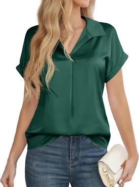 Women's Business Casual Tops Summer Elegant Satin Silk Short Sleeve Shirts V Neck Chiffon Work Business Blouses