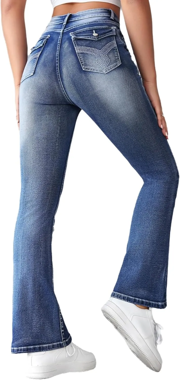 Women's Classic Mid Rise Bootcut Jeans Stretchy Curvy Fit Denim Pants