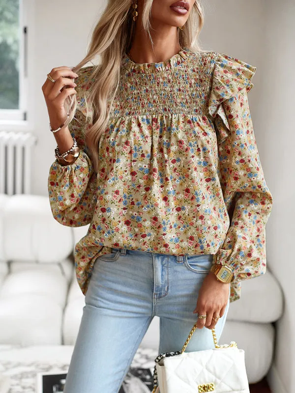 Women's Floral Print Ruffle Long Sleeve Shirred Front Blouse