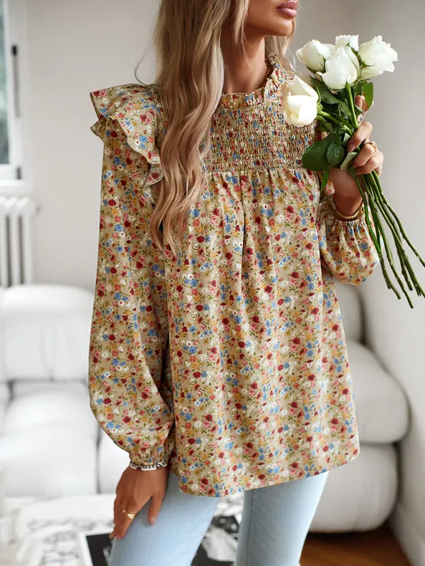 Women's Floral Print Ruffle Long Sleeve Shirred Front Blouse