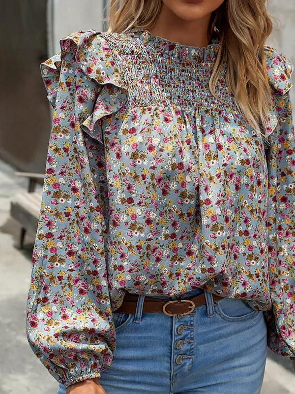Women's Floral Print Ruffle Long Sleeve Shirred Front Blouse