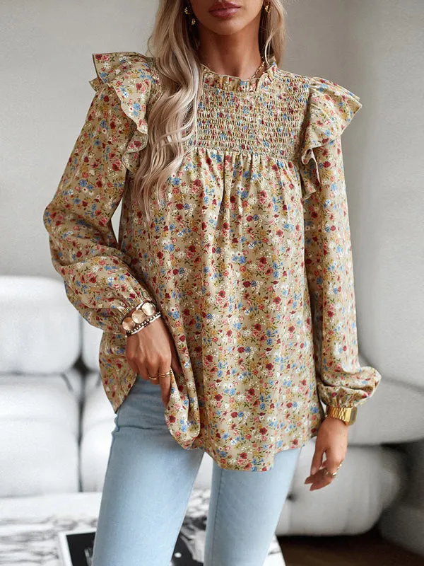 Women's Floral Print Ruffle Long Sleeve Shirred Front Blouse