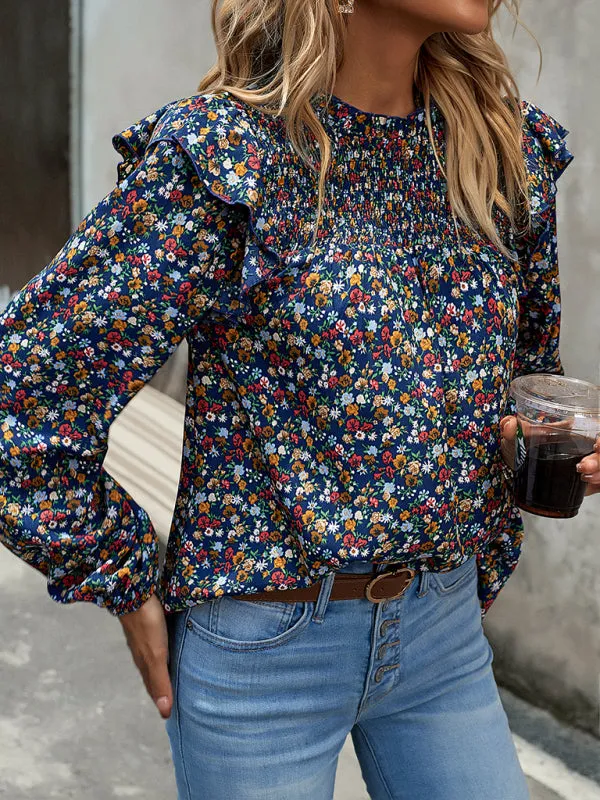 Women's Floral Print Ruffle Long Sleeve Shirred Front Blouse