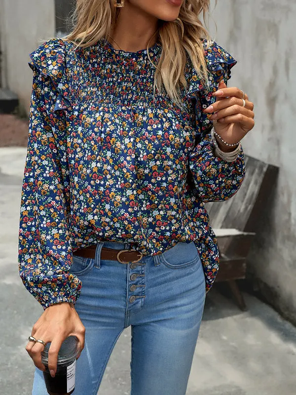 Women's Floral Print Ruffle Long Sleeve Shirred Front Blouse