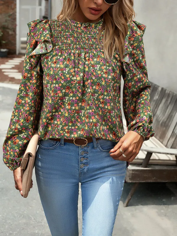 Women's Floral Print Ruffle Long Sleeve Shirred Front Blouse