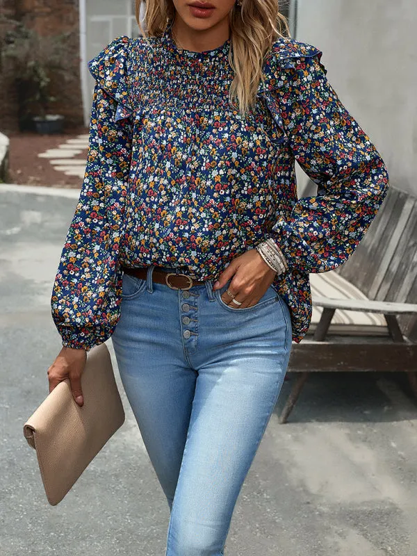 Women's Floral Print Ruffle Long Sleeve Shirred Front Blouse