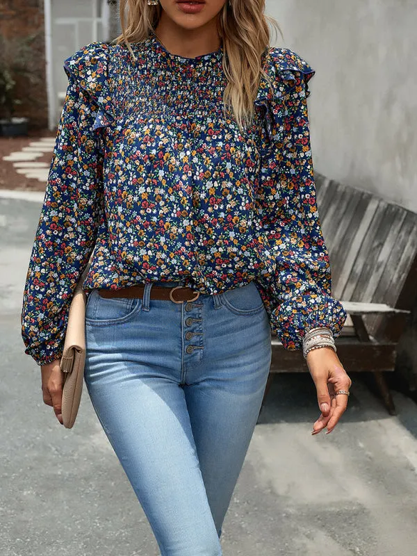 Women's Floral Print Ruffle Long Sleeve Shirred Front Blouse