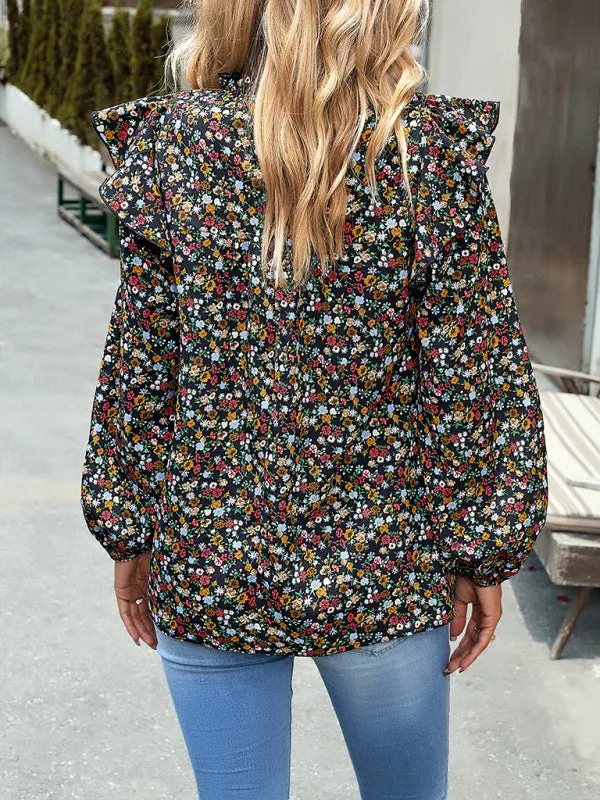 Women's Floral Print Ruffle Long Sleeve Shirred Front Blouse