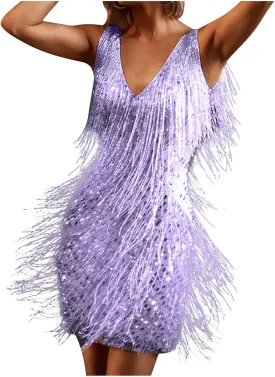 Womens Fringe Dress Spaghetti Strap Sleeveless Tassel Sling Dress Sexy V Neck Backless Cocktail Party Mini Dress