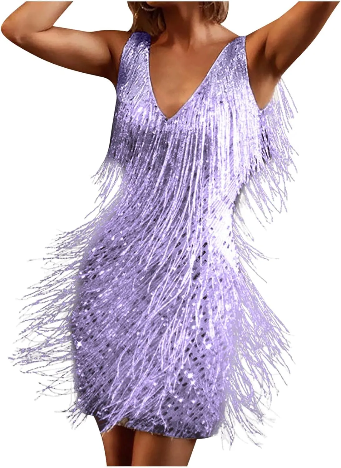 Womens Fringe Dress Spaghetti Strap Sleeveless Tassel Sling Dress Sexy V Neck Backless Cocktail Party Mini Dress