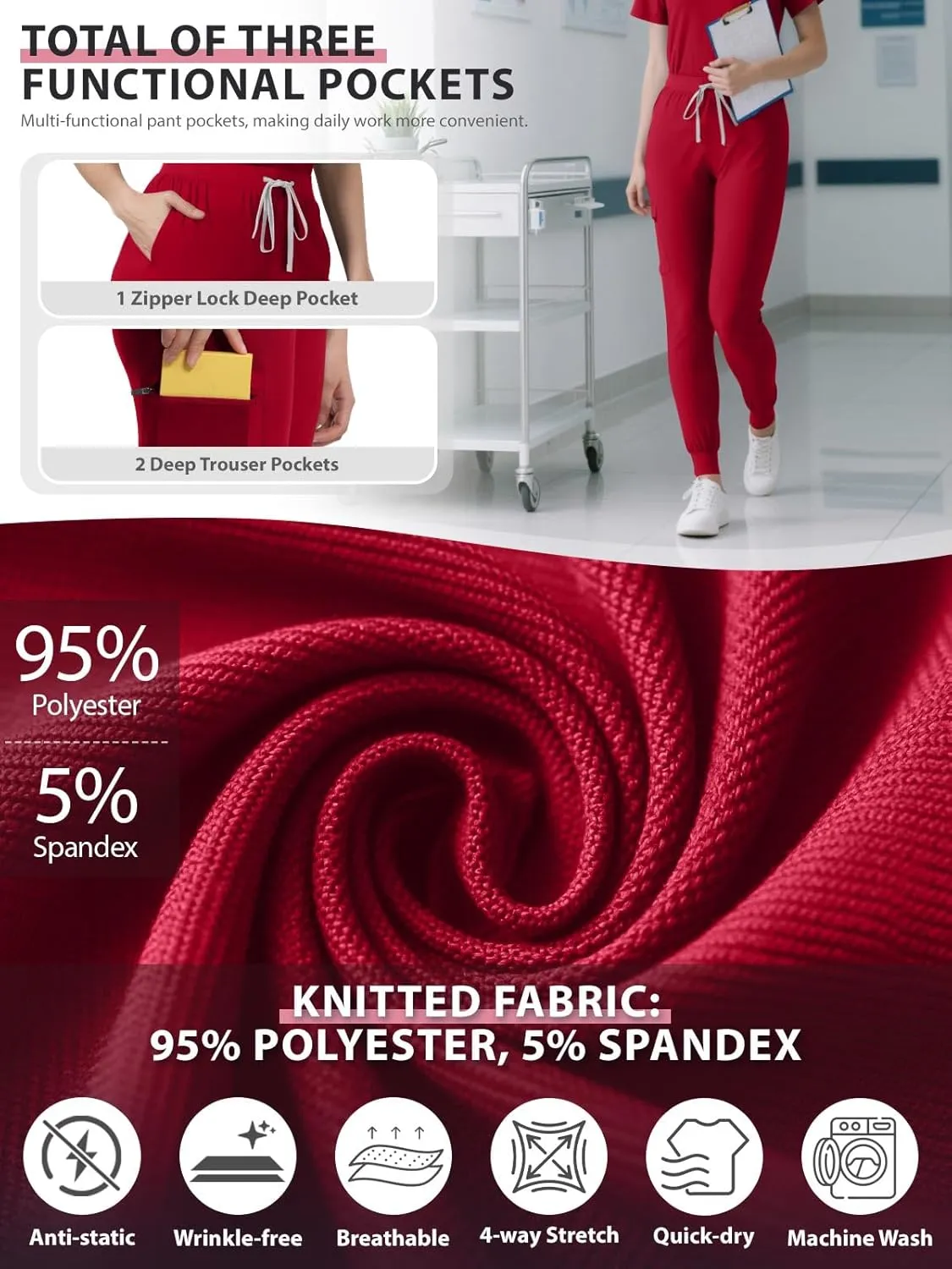 Women's Medical Scrub Pants, Soft Jogger Pant Scrub Bottoms with Zip Pocket Drawstring Mid-Rise Yoga Slim Cargo Pants