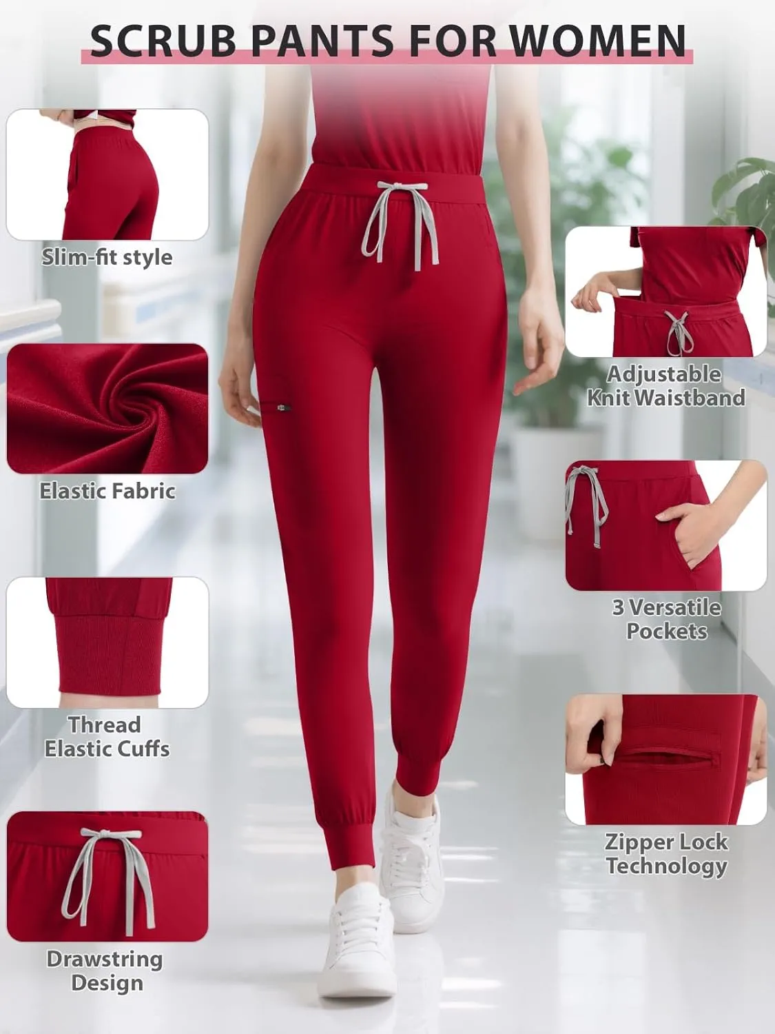 Women's Medical Scrub Pants, Soft Jogger Pant Scrub Bottoms with Zip Pocket Drawstring Mid-Rise Yoga Slim Cargo Pants
