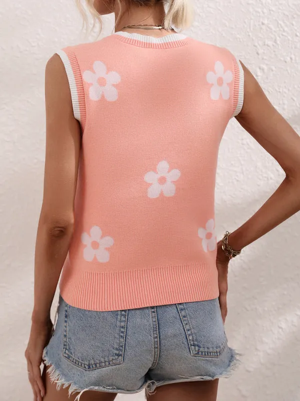 Women's Subtle Flower Print V-Neck Knit Tank Top