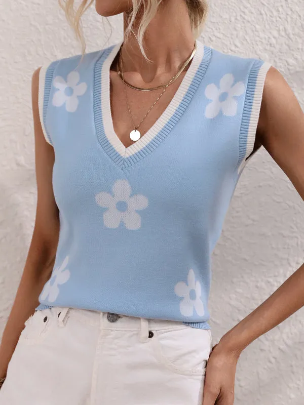 Women's Subtle Flower Print V-Neck Knit Tank Top