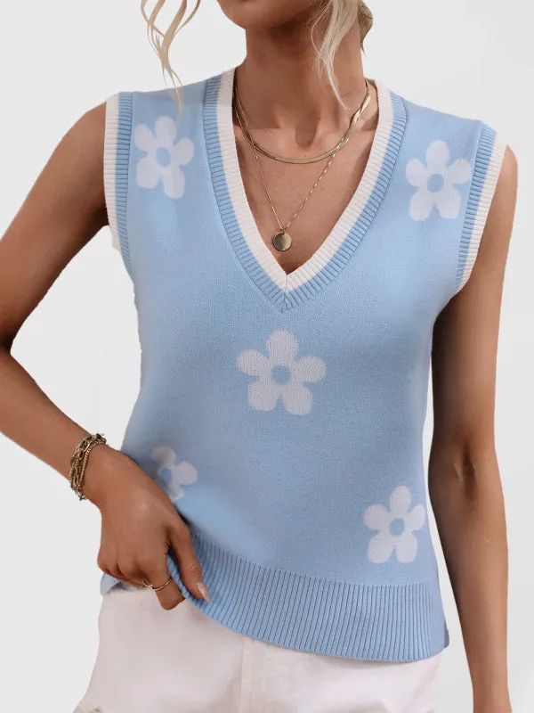 Women's Subtle Flower Print V-Neck Knit Tank Top