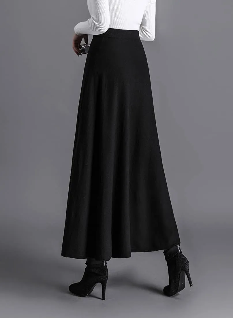 Women's Winter Long Skirt High Waist Elegant Knitted Warm Elastic Waist Maxi Pleated Skirt