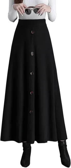 Women's Winter Long Skirt High Waist Elegant Knitted Warm Elastic Waist Maxi Pleated Skirt