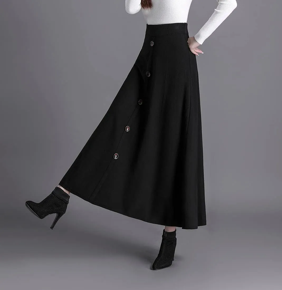 Women's Winter Long Skirt High Waist Elegant Knitted Warm Elastic Waist Maxi Pleated Skirt