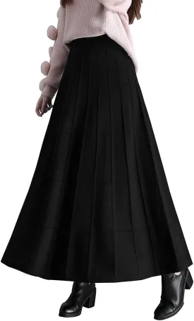 Women's Winter Long Skirt High Waist Elegant Knitted Warm Elastic Waist Maxi Pleated Skirt