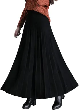 Women's Winter Long Skirt High Waist Elegant Knitted Warm Elastic Waist Maxi Pleated Skirt