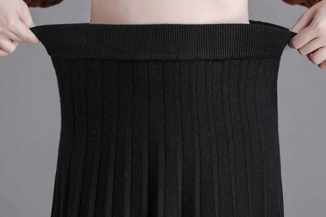 Women's Winter Long Skirt High Waist Elegant Knitted Warm Elastic Waist Maxi Pleated Skirt