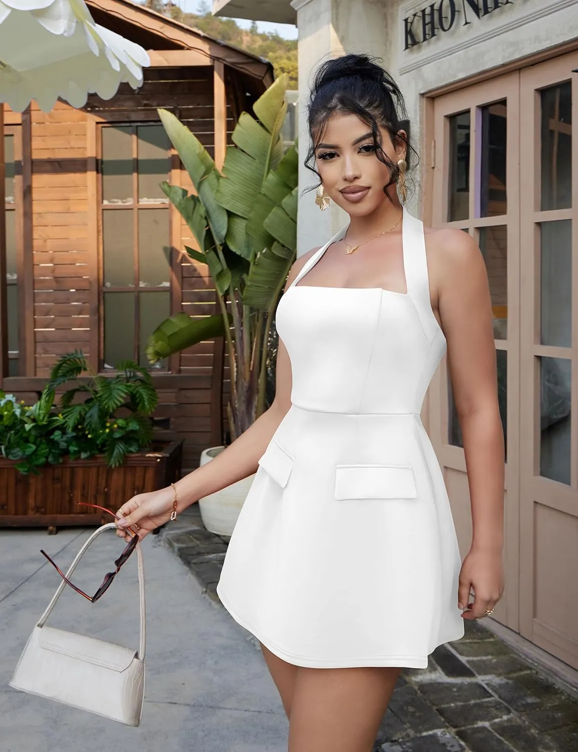 YMDUCH Women's Sexy Sleeveless Halter Neck Backless Cocktail Party A-Line Mini Dress