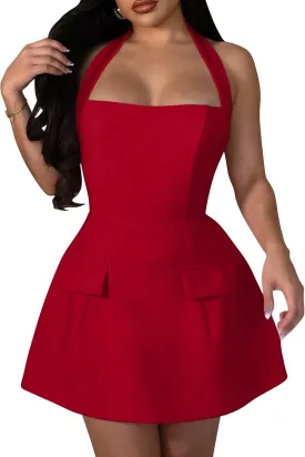 YMDUCH Women's Sexy Sleeveless Halter Neck Backless Cocktail Party A-Line Mini Dress