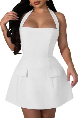 YMDUCH Women's Sexy Sleeveless Halter Neck Backless Cocktail Party A-Line Mini Dress