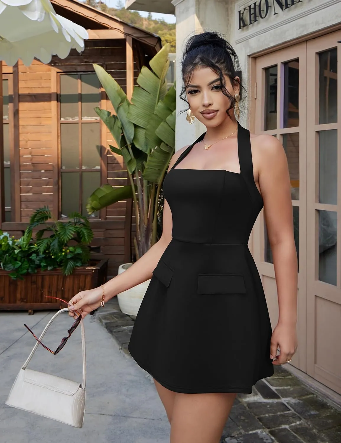 YMDUCH Women's Sexy Sleeveless Halter Neck Backless Cocktail Party A-Line Mini Dress