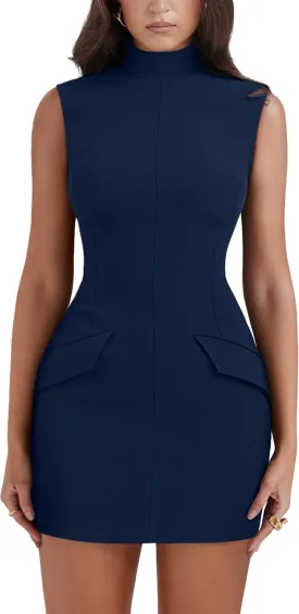 YMDUCH Women's Sexy Summer Sleeveless Mock Turtle Neck Bodycon Party Mini Dress