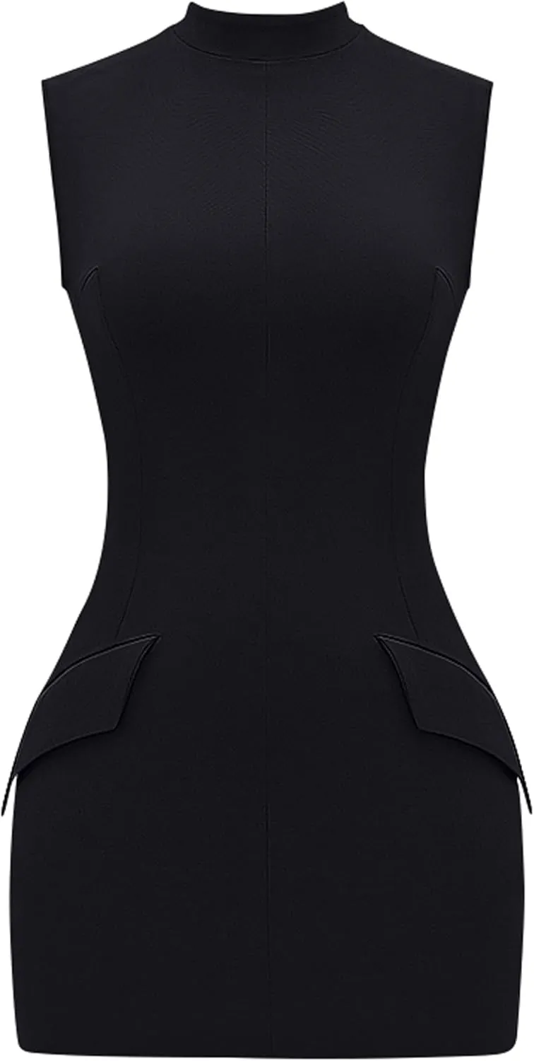 YMDUCH Women's Sexy Summer Sleeveless Mock Turtle Neck Bodycon Party Mini Dress