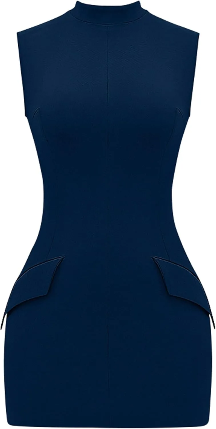 YMDUCH Women's Sexy Summer Sleeveless Mock Turtle Neck Bodycon Party Mini Dress