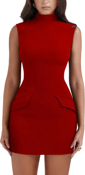 YMDUCH Women's Sexy Summer Sleeveless Mock Turtle Neck Bodycon Party Mini Dress