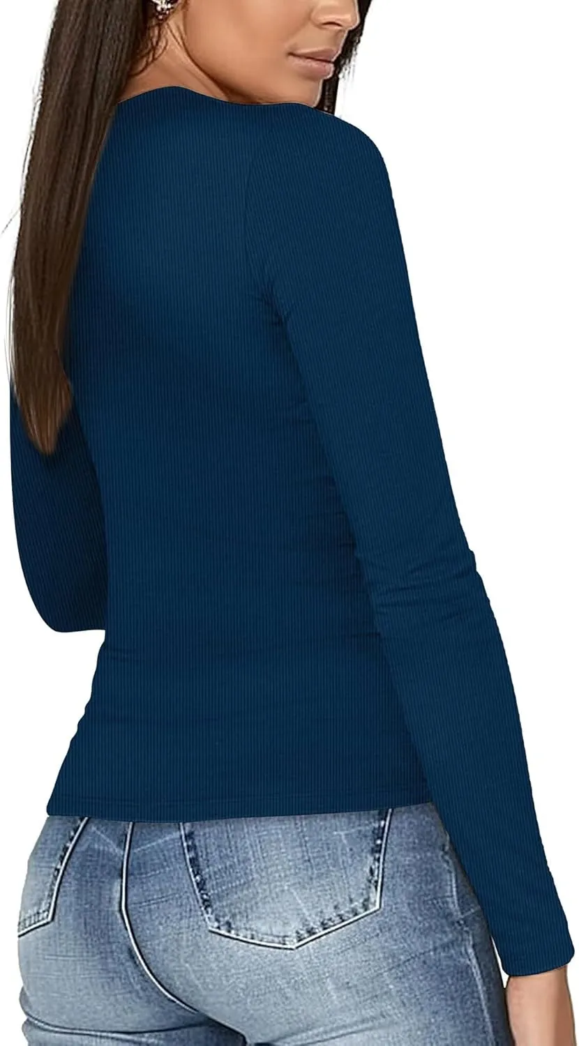 Zengjo Long Sleeve Ribbed Shirt Women Henley V-Neck T-Shirt Stretchy Tight Fitted Layering Tops