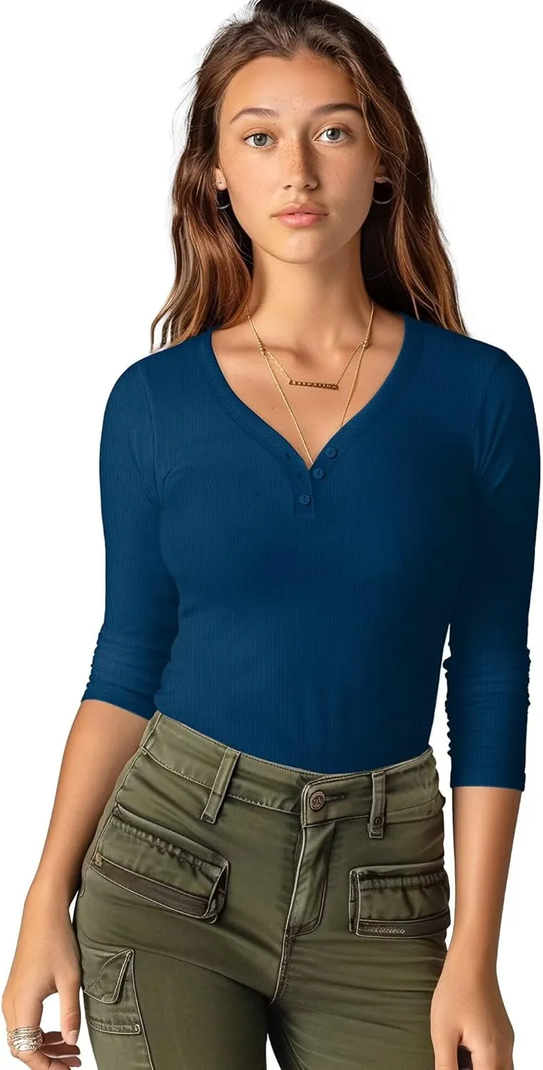 Zengjo Long Sleeve Ribbed Shirt Women Henley V-Neck T-Shirt Stretchy Tight Fitted Layering Tops