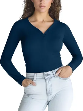 Zengjo Long Sleeve Ribbed Shirt Women Henley V-Neck T-Shirt Stretchy Tight Fitted Layering Tops